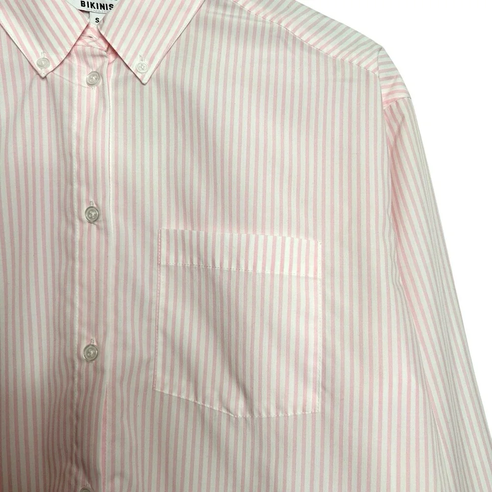 Free People x Frankies Bikinis Pink Stripe Pajama TopS Poplin Sleep Shirt S NWT